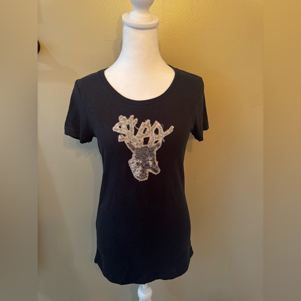 J Crew Women’s Black Sequin Reindeer Embellished Short Sleeve T Shirt Top Small